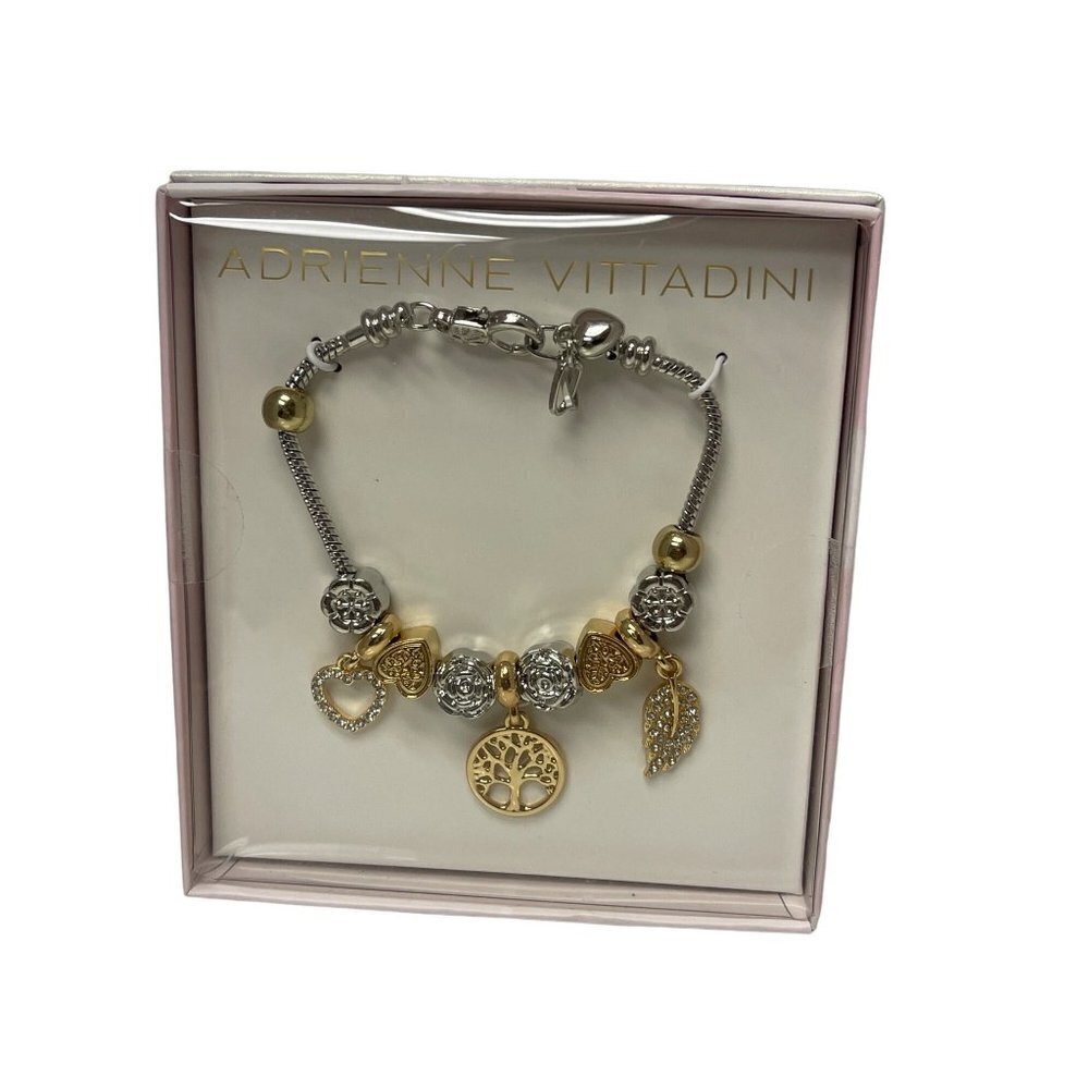 NEW! Adrienne Vittadini Gold Silver Heart Tree Feather Charm Bracelet Jewlery